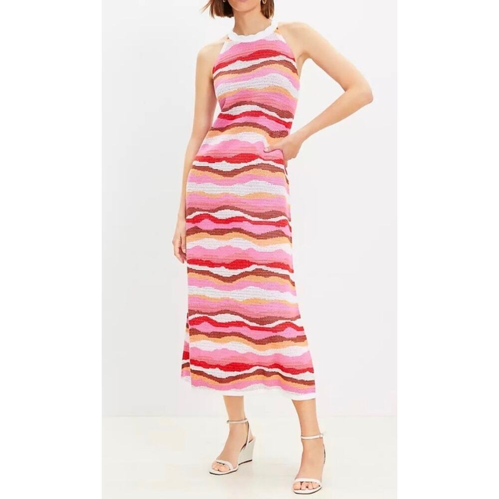 LOFT Colorful Wave Stripe Crochet Knit Maxi Dress M  Halter Bohemian Resortcore